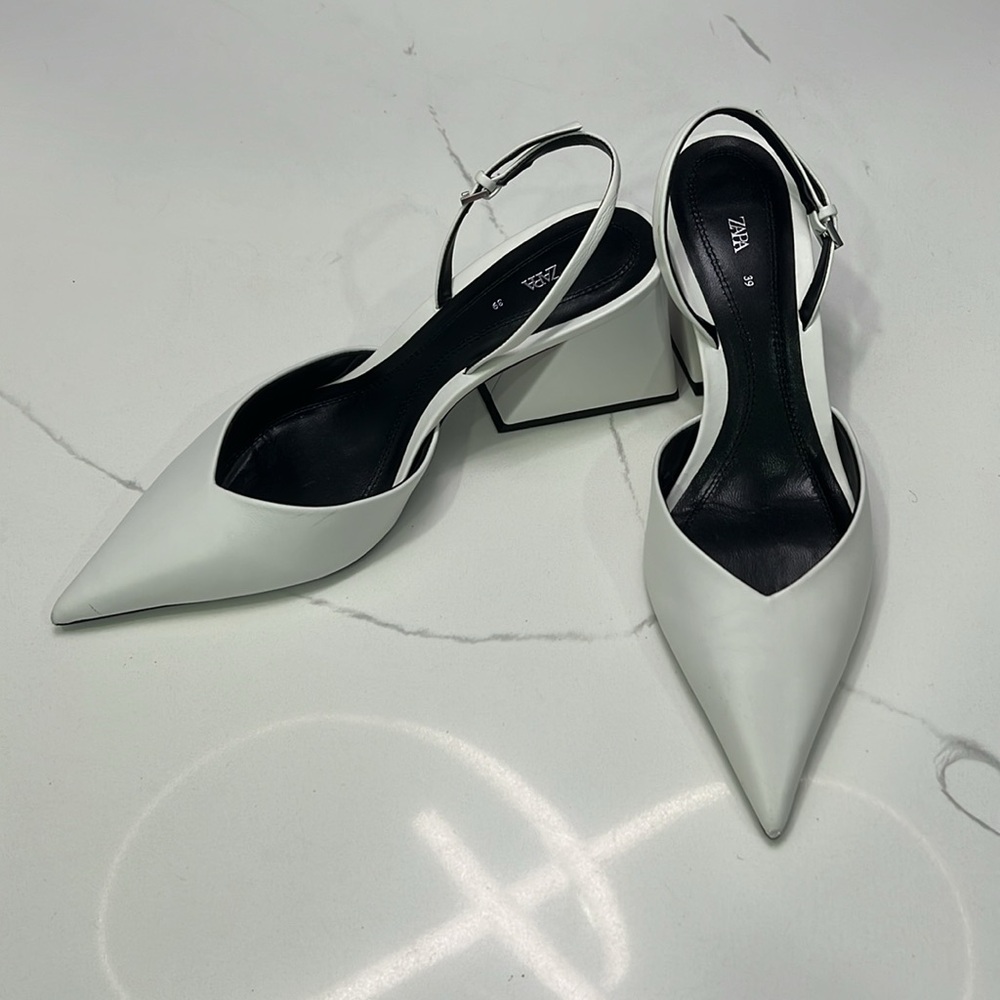 Zara white leather heeled sling backs
